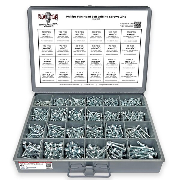 Boltsandnuts.Com Inch Phillips Pan Head Self Drilling Screws Zinc Assortment - 1421 PCS Assortment Kit #350 - main
